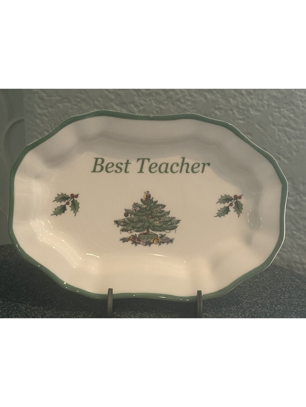 Spode Christmas Tree Best Teacher Serving Candy Catch All Trinket Dish Tray EUC